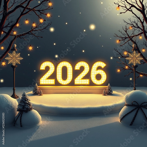 Magical winter night celebrating the arrival of 2026, featuring glowing lights, snow-covered scenery, and festive decorations
