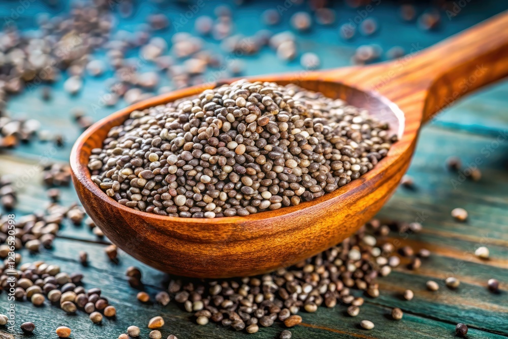 High-resolution chia seed images, wooden spoon, rule of thirds composition, showcasing healthy superfood nutrition.