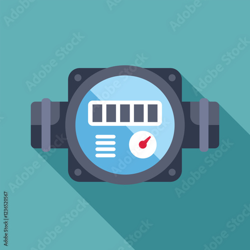 Water meter is measuring water consumption, featuring a dial, pipes, and a digital display on a vibrant teal background
