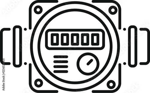 Water meter measuring water consumption, featuring pipes, digital display, and control panel, ideal for plumbing and utility concepts