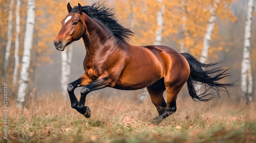 Fototapeta premium Chestnut horse galloping autumn birch forest