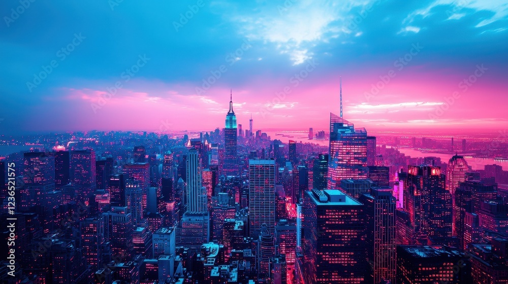 Obraz premium Vibrant Cityscape at Dusk with Colorful Skyline and Clouds