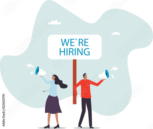HR recruiting announcement we are hiring advertisement, human resources or employer looking for candidate for job vacancy.business concept.flat character.