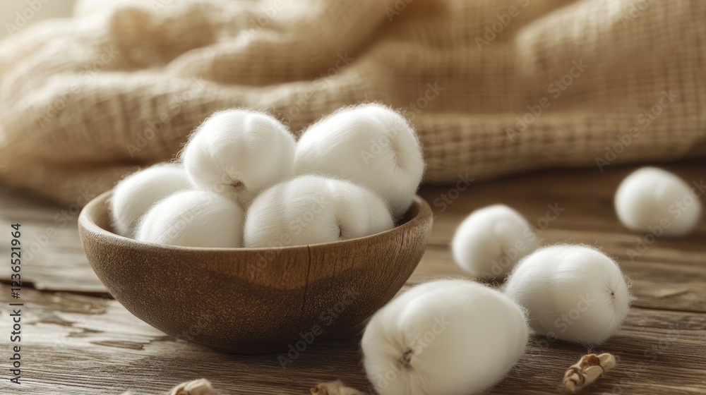 White silk cocoons with bowl on wooden table closeup Space for text White silk cocoons with bowl on wooden table closeup Space for text