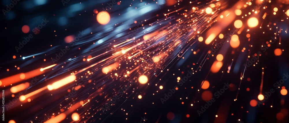 Obraz premium Glowing Trails of Light: Abstract image of vibrant orange and blue sparks streaking across a dark background, creating a dynamic and energetic visual. The fiery trails evoke a sense of speed.