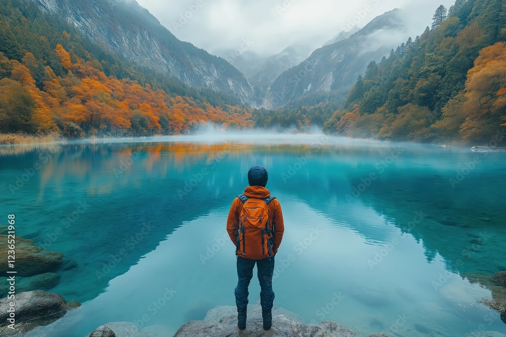 Person gazes at tranquil blue lake surrounded by mountains and autumn foliage in cool weather Person gazes at tranquil blue lake surrounded by mountains and autumn foliage in cool weather