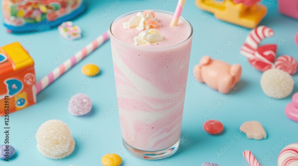 Creamy Pink Milkshake with Colorful Candy on Blue Background Creamy Pink Milkshake with Colorful Candy on Blue Background