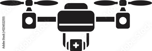 Quadcopter drone carrying first aid kit, providing emergency medical supplies delivery