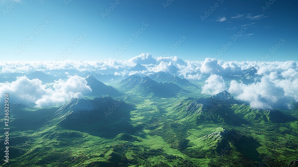Majestic Green Mountains Rising Above Fluffy Clouds Majestic Green Mountains Rising Above Fluffy Clouds