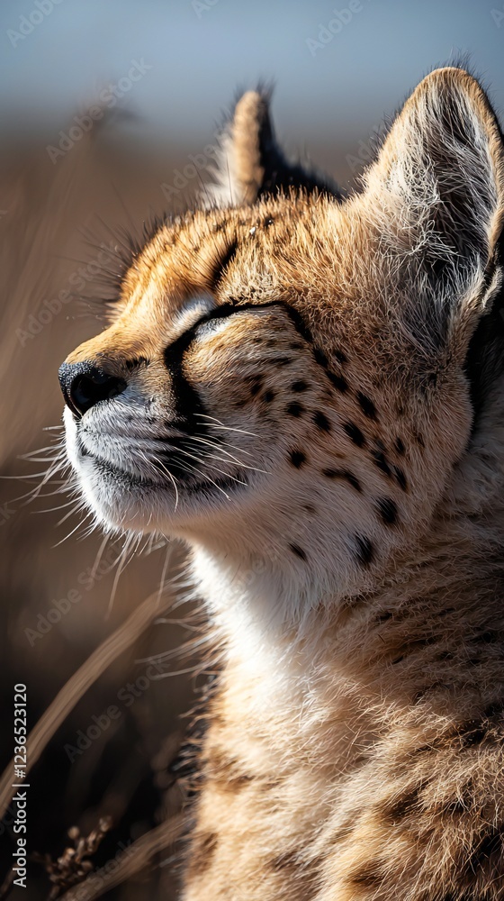 Obraz premium HD Phone Wallpaper Serengeti Serval Cat Portrait Close up of a Wild African Cat in Golden Sunlight