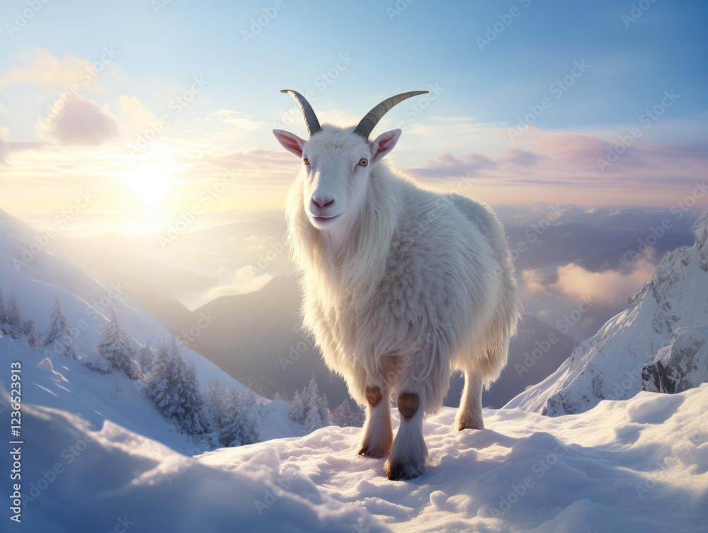 Obraz premium Regal White Goat Standing Majestically Atop Snowy Mountain Peak