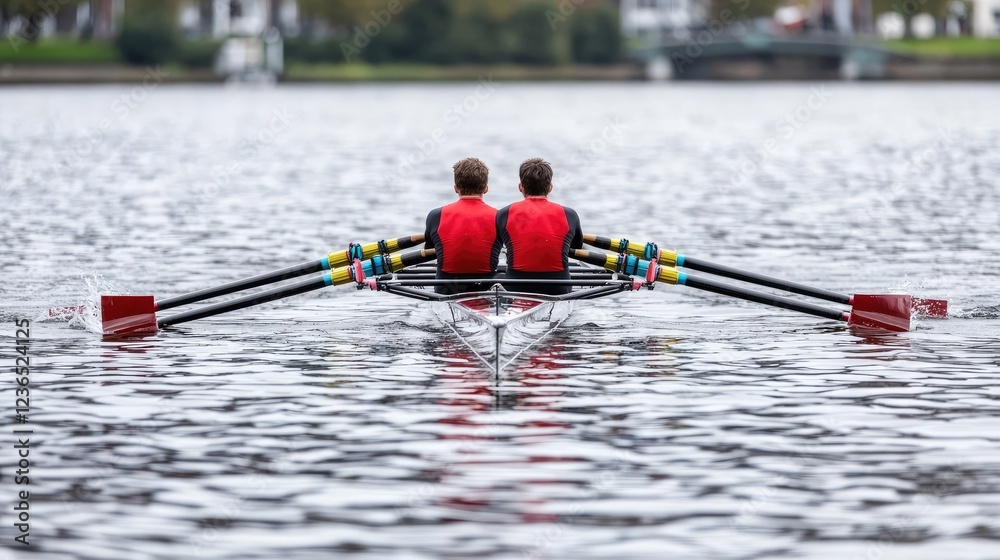 Rowers on lake, autumn, teamwork, competition, training Rowers on lake, autumn, teamwork, competition, training