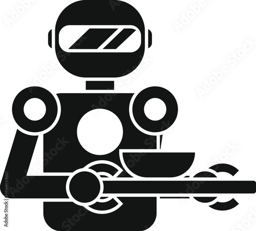 Robot waiter is holding a tray with a bowl, symbolizing automation and artificial intelligence in the food service industry