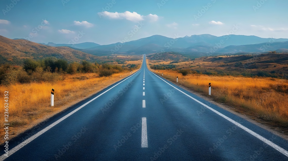 A long, empty road with a blue stripe and white lines A long, empty road with a blue stripe and white lines
