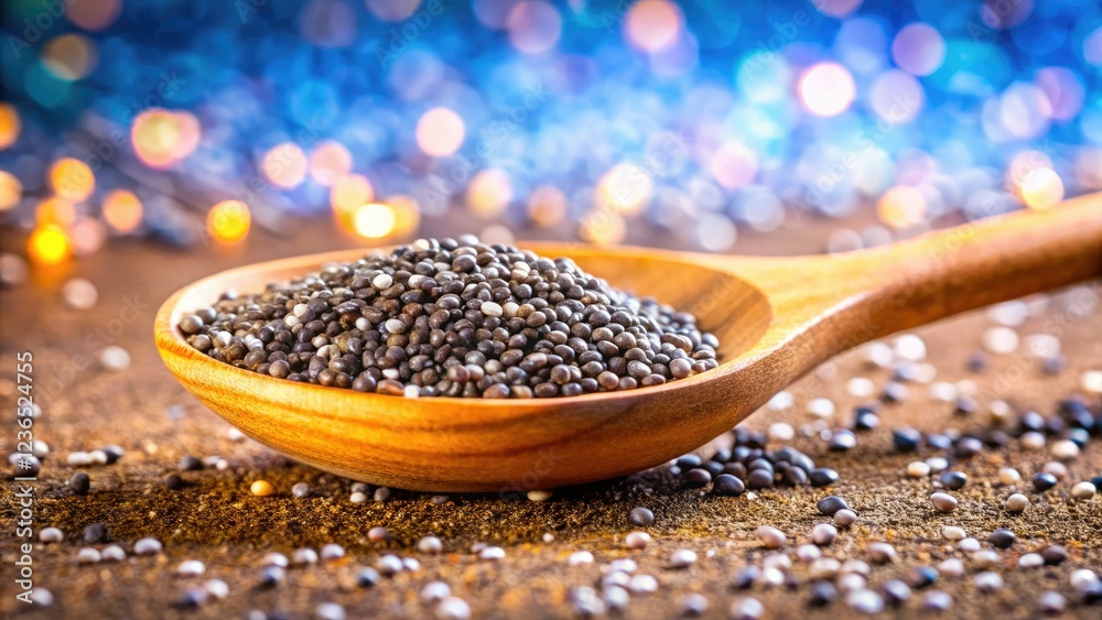 Overhead shot: chia seeds spill from a wooden spoon, bokeh background highlighting their superfood status. Overhead shot: chia seeds spill from a wooden spoon, bokeh background highlighting their superfood status.