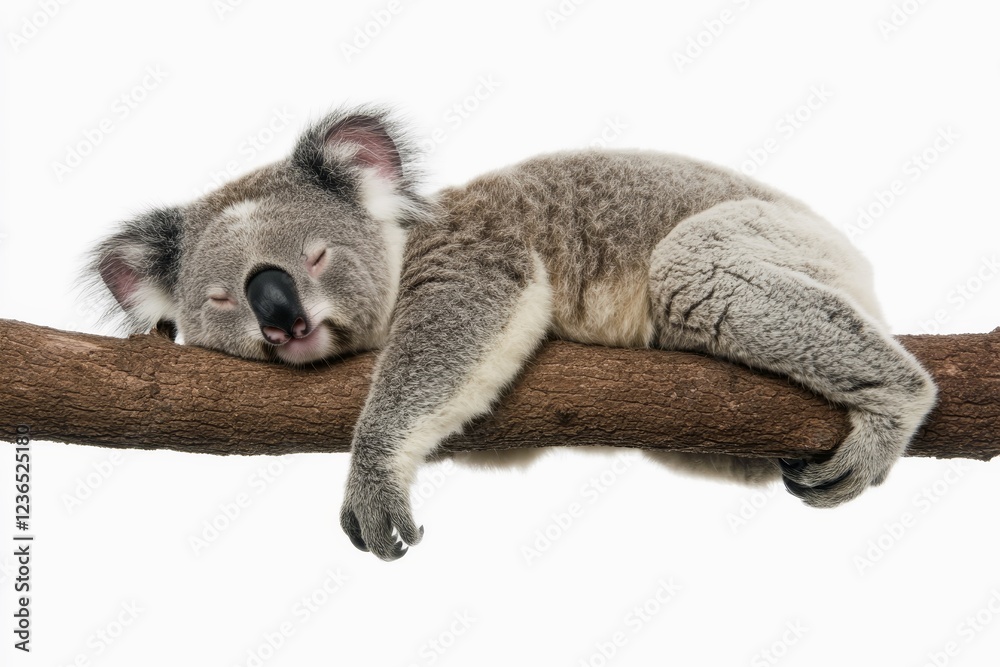 Sleepy koala clinging to an invisible branch isolated on white background.