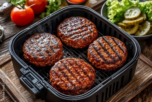 Beef patties sizzling in an air fryer with fresh lettuce, tomato, and pickles prepared for a delicious meal