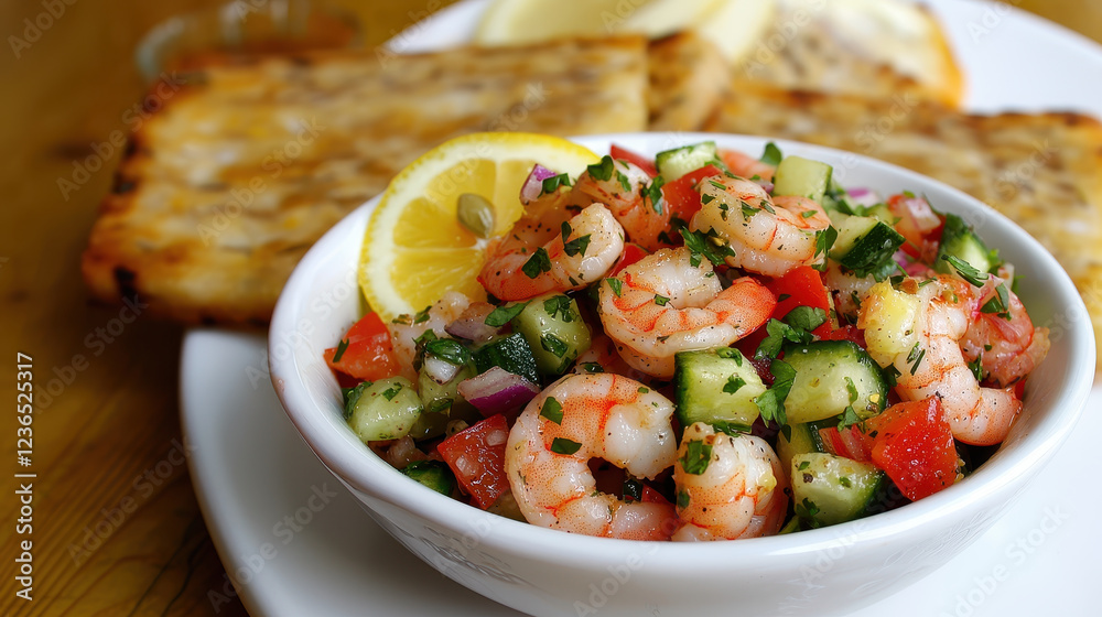 Shrimp salad with vegetables and lemon served in white bowl, garnished with herbs. refreshing dish perfect for summer Shrimp salad with vegetables and lemon served in white bowl, garnished with herbs. refreshing dish perfect for summer