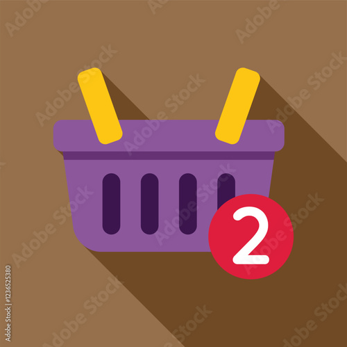 Purple shopping basket icon with two items inside, useful for e commerce and online shopping visuals