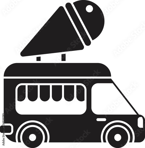 Black glyph icon of an ice cream food truck selling refreshing treats during summer