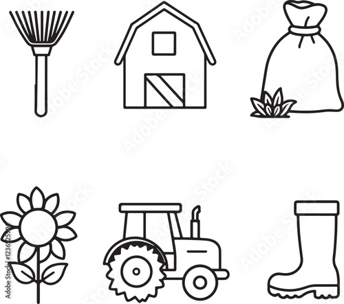 Farm Icons. Vector Graphics Featuring Designs of Barn, Tractor, Pitchfork, Wheat, Boots, Sunflower. 