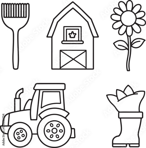 Farm Icons. Vector Graphics Featuring Designs of Barn, Tractor, Pitchfork, Wheat, Boots, Sunflower. 