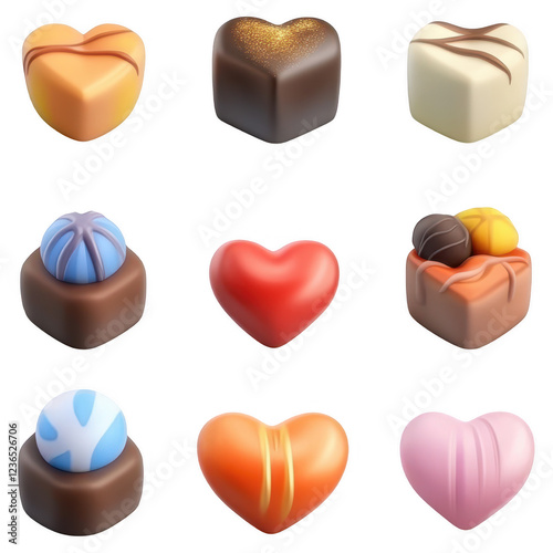 Crafting a romantic dessert box heart-shaped pastries and golden chocolate truffles, valentine day, transparent background, isolated on white background, 3D render, PNG photo