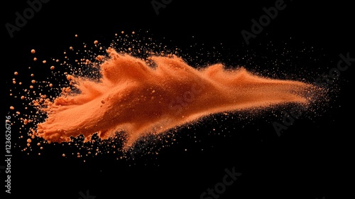 Red Sand flying explosion particle dot grain wave explode Abstract cloud fly orange dried soil colored sand splash throwing in Air Black background Isolated photo