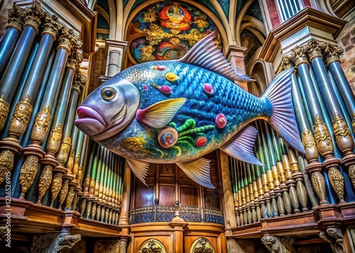 Surreal Photography: Painted Fish Ex-voto in Majorcan Church Organ photo