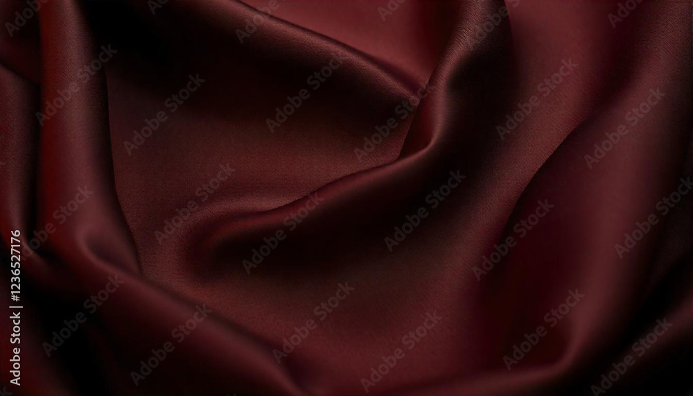 Obraz premium Dark burgundy satin fabric, luxurious textile, soft folds, deep shadows, rich texture, smooth surface, elegant drapery, close-up detail, moody lighting, sensual curves, high-end fashion material.