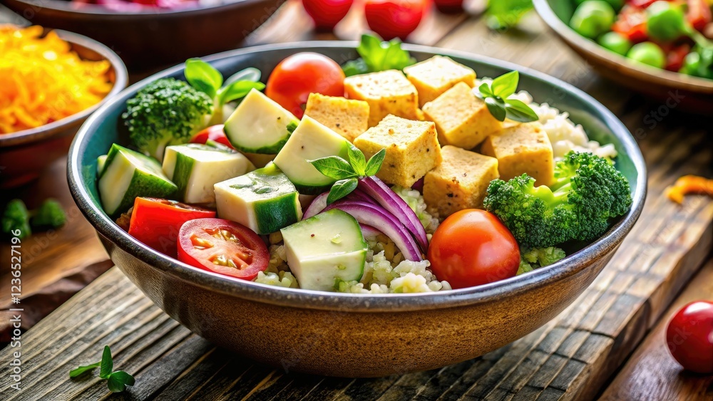Savory quinoa and tofu bowl bursts with vibrant vegetables; a tilt-shift photography delight. Savory quinoa and tofu bowl bursts with vibrant vegetables; a tilt-shift photography delight.