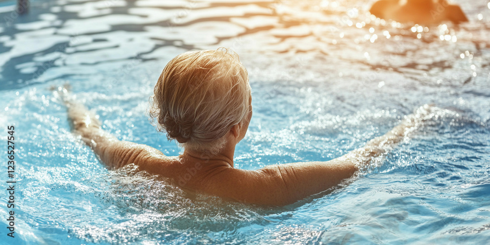 Senior enjoying a peaceful swim in a tranquil pool Senior enjoying a peaceful swim in a tranquil pool