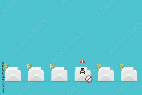 Email / envelope with black document and skull icon. Virus, malware, email fraud, e-mail spam, phishing scam, hacker attack concept. Vector illustration	