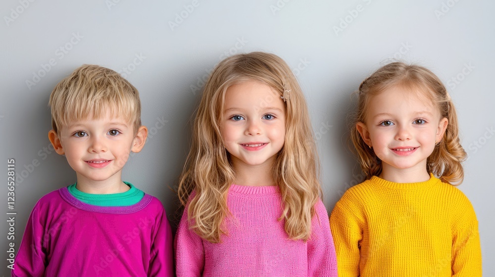Happy children studio portrait, gray background, friendship Happy children studio portrait, gray background, friendship