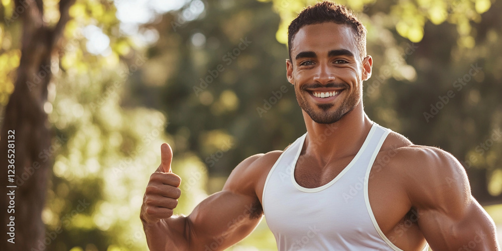 Fit man gives a thumbs up outdoors in bright sunlight