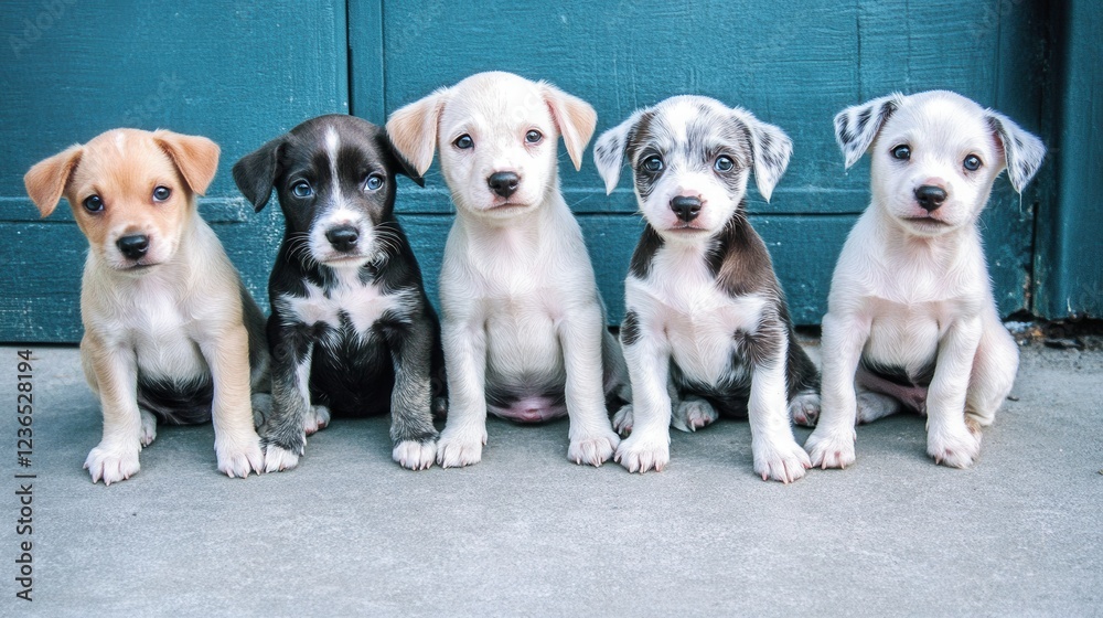A delightful portrait of five adorable puppies sitting together on a concrete surface, showcasing their innocence, playfulness, and cuteness in a charming setting. A delightful portrait of five adorable puppies sitting together on a concrete surface, showcasing their innocence, playfulness, and cuteness in a charming setting.