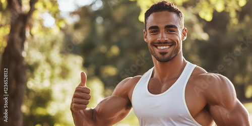 Fit man gives a thumbs up outdoors in bright sunlight photo