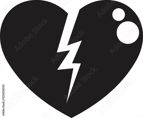 Black broken heart with lightning bolt, symbolizing a painful breakup and lost love