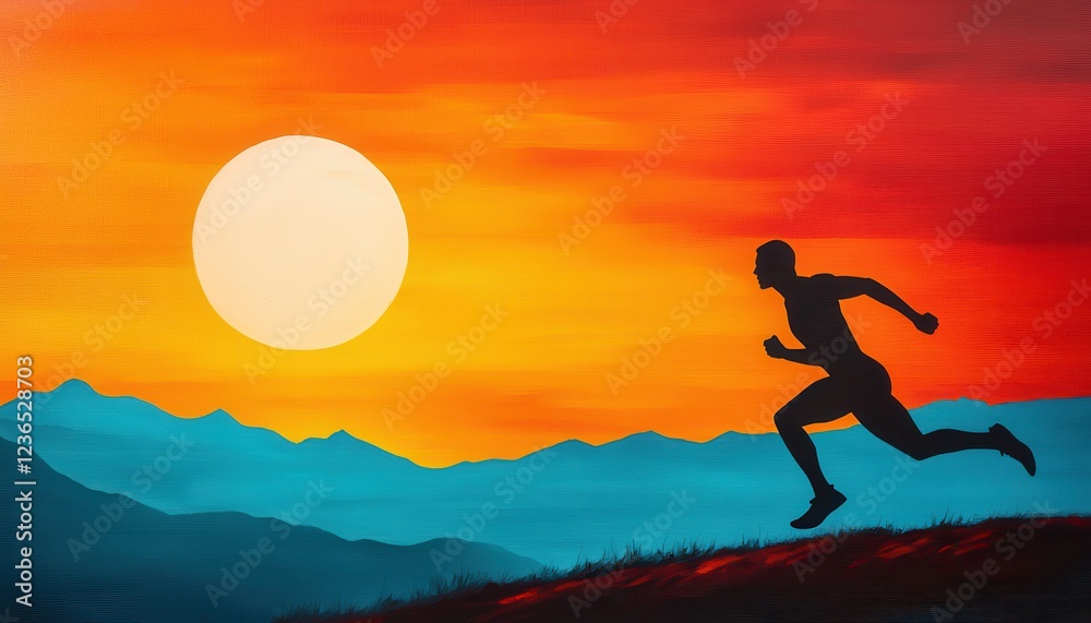 Achieving body goals concept. Silhouette of a runner against a vibrant sunset with mountains in the background. Achieving body goals concept. Silhouette of a runner against a vibrant sunset with mountains in the background.