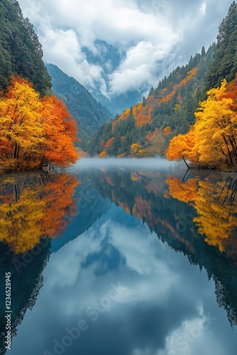 Autumn foliage reflects in serene lake amidst misty mountains during early morning