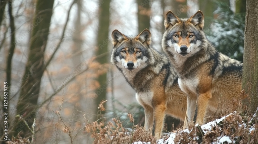 Naklejka premium Eurasian wolf in the forest Wolves in Bavarian forest during winter time Wildlife in in Europe during winter time