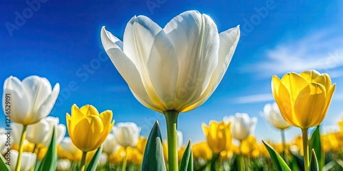 Spring blooms: Delicate white and yellow tulips burst forth against a vibrant blue sky.