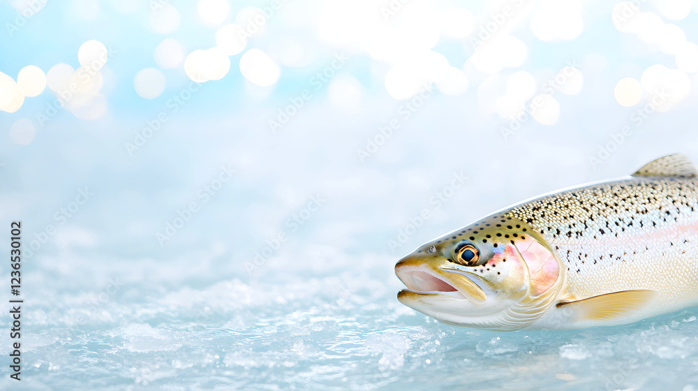 Naklejka premium Fresh fish with vibrant scales and delicate fins lying on a frozen surface. Great for fishing industry visuals, sustainable seafood branding, and cold-water culinary photography. Selective focus