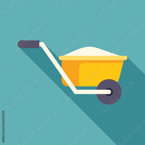 Wheelbarrow carrying construction material, such as sand or cement, at a construction site, flat design with long shadow