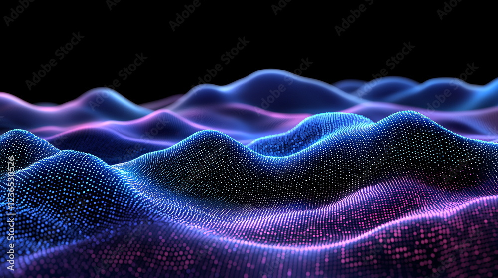 Fototapeta premium Vibrant abstract landscape with wavy patterns illuminated by neon lights creating a mesmerizing visual effect against a dark background.