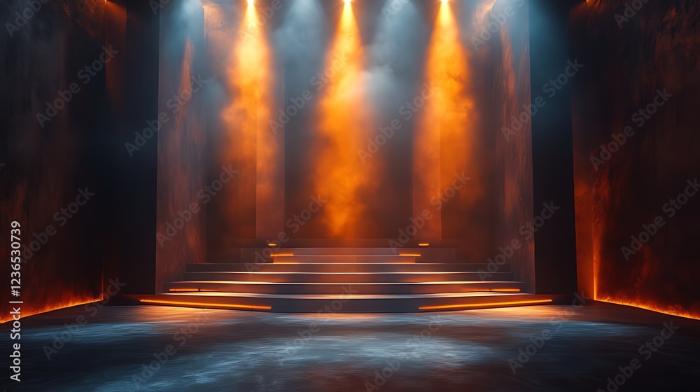 Fototapeta premium Illuminated stage with smoky atmosphere and three spotlights.
