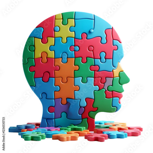 A cut-out multicolored 3D render of a puzzle head for World Autism Awareness Day, the world autism concept isolated on transparent background