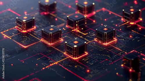 Digital circuits with glowing red accents, intricate network design, interconnected processors, futuristic technology background, advanced electronics representation, modern digital infrastructure.