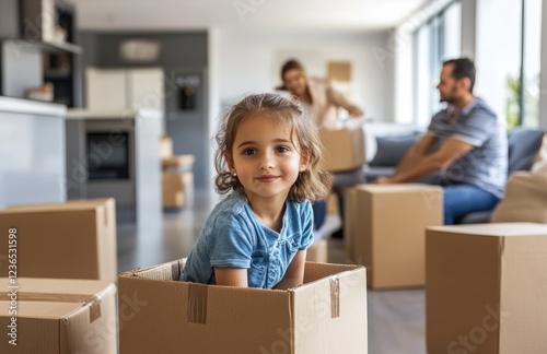 Happy child playing in a moving box surrounded by unpacked items. Warm sunlight fills the space, highlighting the joy of new beginnings and a cozy home atmosphere. photo