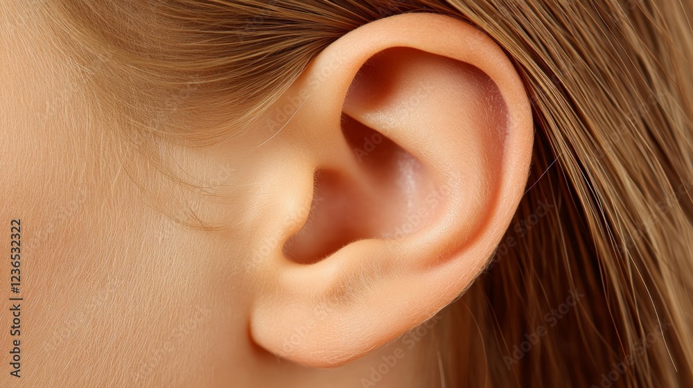 Macro photography capturing a child's ear, emphasizing intricate details of outer ear anatomy while raising awareness for hearing health and early auditory issue detection Macro photography capturing a child's ear, emphasizing intricate details of outer ear anatomy while raising awareness for hearing health and early auditory issue detection